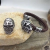 Black cowhide men's double-layer stainless steel genuine leather woven bracelet for men and women Item Picture